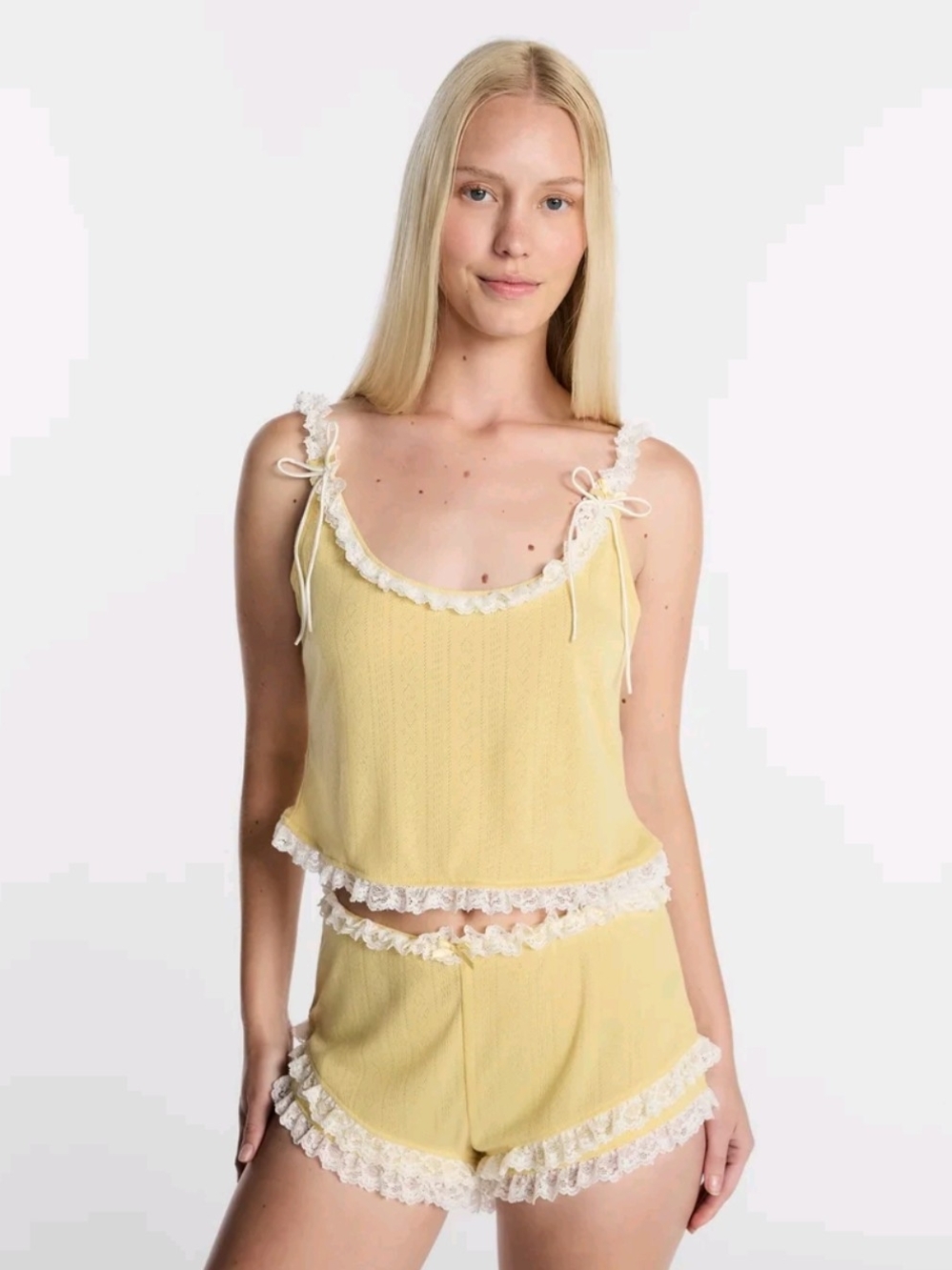 Kacey Lee Women's Pointelle Ruffle Sleep Set, 2-Piece - Yellow - NWT